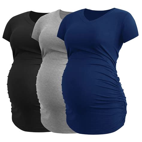 3pcs Womens V Neck Striped Maternity Tops Side Ruched Trendy Pregnancy