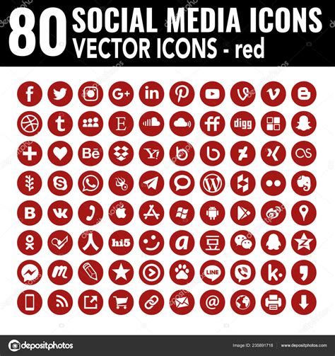 Red Social Media Icons Flat Vector Iconset Containig All Popular Stock