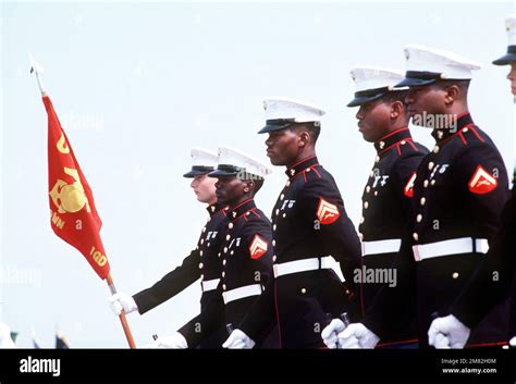 A Marine Corps Honor Guard Stands At Parade Rest During The