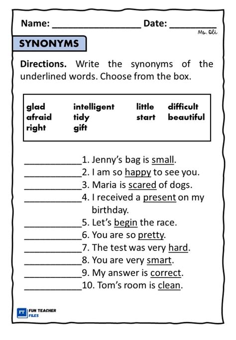 Synonyms Worksheet For Grade 5 With Answers