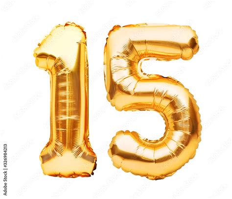 Number 15 fifteen made of golden inflatable balloons isolated on white ...