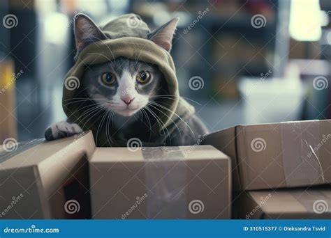 Delivery Service Cat Dressed As A Courier With Boxes For Delivery