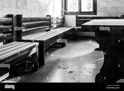 Retro Waiting Room With Wooden Table And Benches At Station In Kőszeg