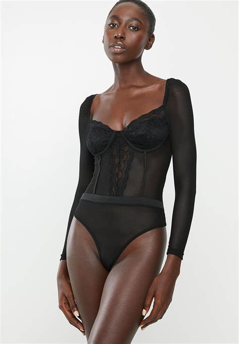 Mesh Lace Corset Detail Long Sleeve Bodysuit Black Missguided Bras