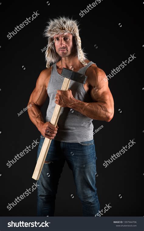 Lumberjack Woodman Sexy Naked Muscular Torso Stock Photo