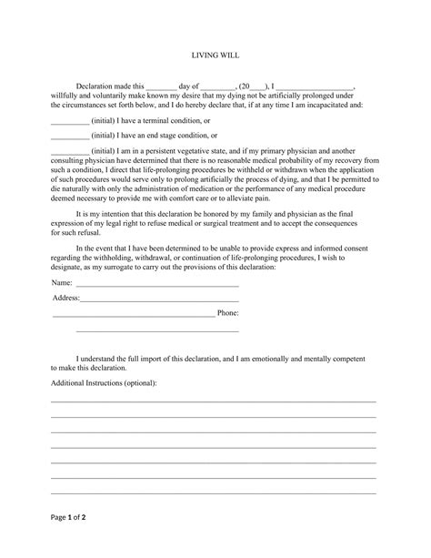 Free Printable Living Will Form Templates Pdf Word Health Care Directive