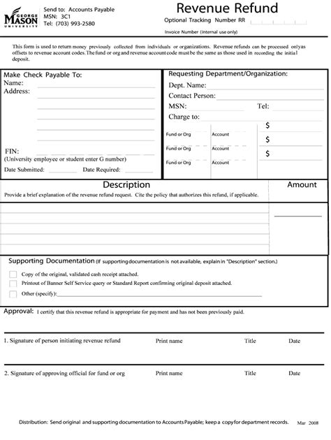 Fillable Online Fiscal Gmu Revenue Refund Form Fiscal Services Fax