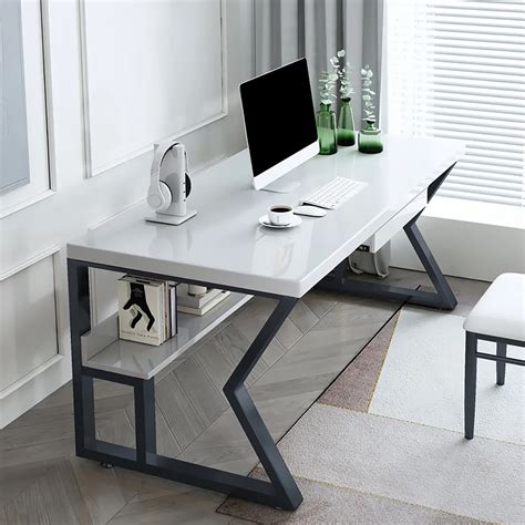 White Rectangular Writing Desk Computer Desk With Shelf Keyboard