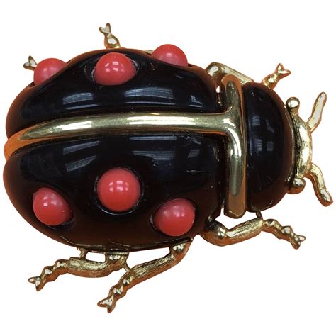 Signed Kjl By Kenneth Jay Lane Faux Black Onyx And Faux Coral Ladybug