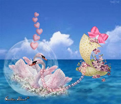 Two Pink Swans Floating In The Ocean With Hearts Coming Out Of Their