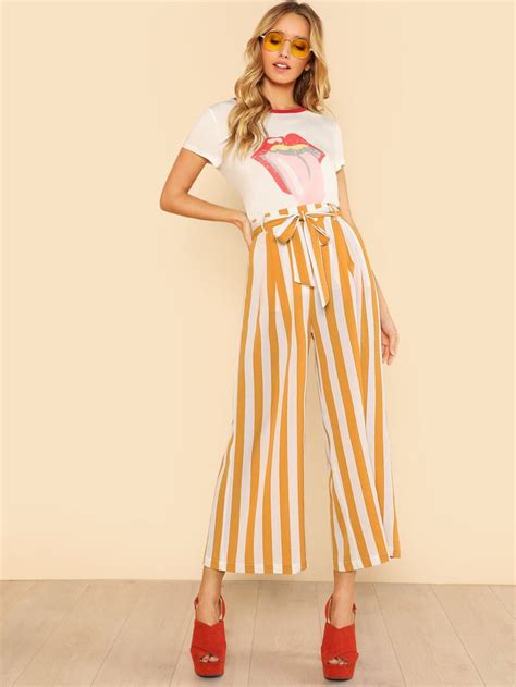 Shop Self Belt Wide Leg Striped Pants Ivory Yellow Online Shein Offers