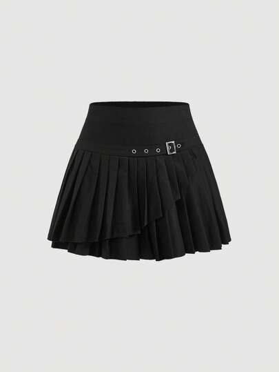 Shein Mod Solid Buckle Detail Pleated Skirt Shein Usa