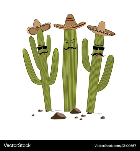 Three cute cartoon saguaro cactus in sombrero Vector Image