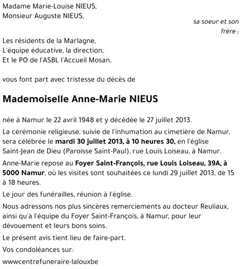 Avis De Décès De Anne Marie Nieus Décédé Le 27072013 à Namur