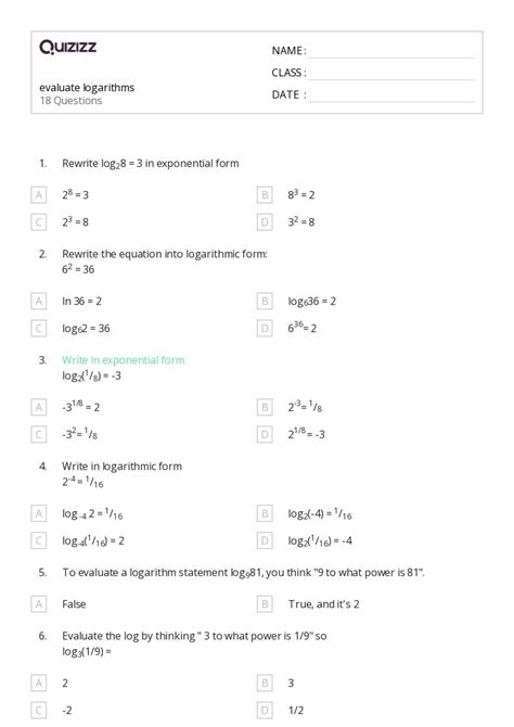 50 Logarithms Worksheets On Quizizz Free And Printable