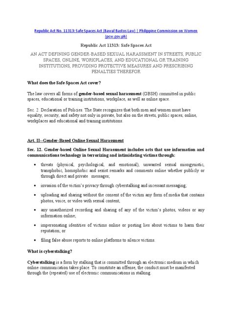 Republic Act 11313 Safe Spaces Act Pdf Sexual Harassment Justice