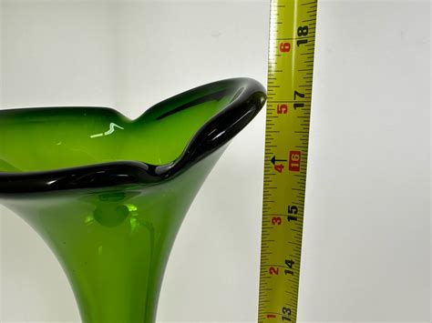 Vintage Mid Century Modern Swedish Swung Tall Green Glass Vase 17 5 H