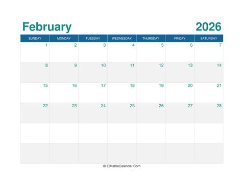 February Editable Calendar With Holidays