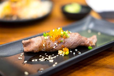 Set of Grilled Wagyu Beef Sushi with Flying Fish Roe or Tobiko Stock Image - Image of fresh ...