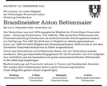 Traueranzeigen Von Anton Rettenmaier Schwaebische De Trauerportal