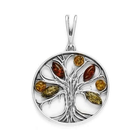 Pendentif Arbre De Vie En Ambre Multicolore Sur Argent 925 Sevellia