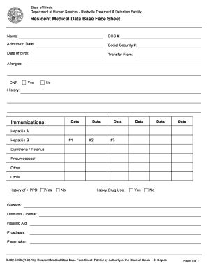 Fillable Online Dhs State Il Resident Medical Data Base Face Sheet