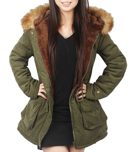 4how Womens Parka Jacket Hooded Winter Coats Faux Fur Coat Outdoor Army