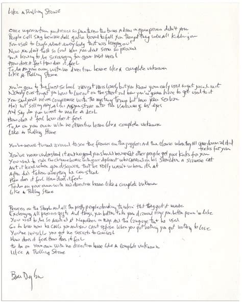 Lot Detail Bob Dylan Signed Handwritten Lyrics To Like A Rolling