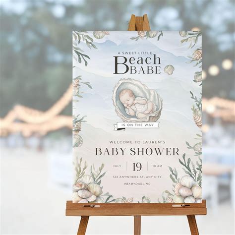 Beach Babe Baby Shower Welcome Sign Coastal Boho Theme Watercolor