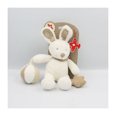 Doudou lapin blanc foulard beige balle étoile NICOTOY