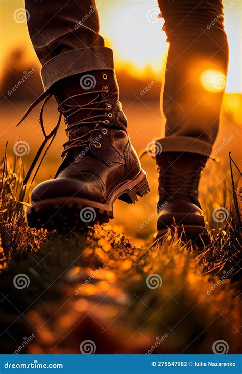 Feet In Farm Boots Walk Across A Plowed Field At Sunset Ai Generated Stock Illustration