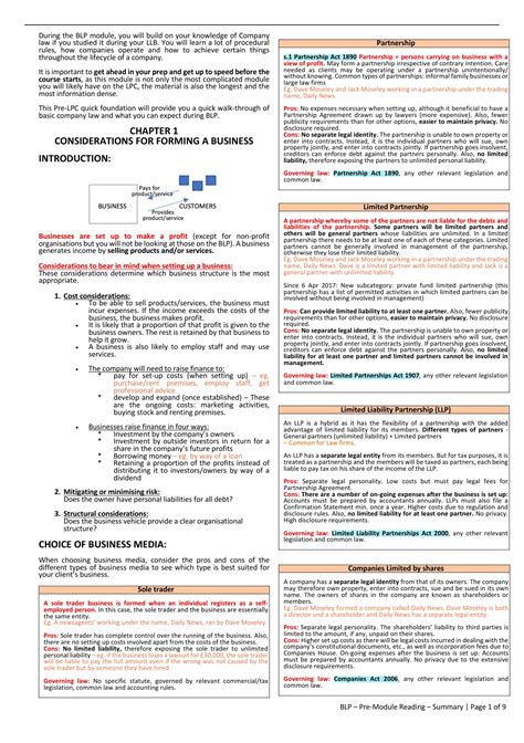 LPC Notes BLP Pre Module Reading Summary 2022 High Distinction BPP