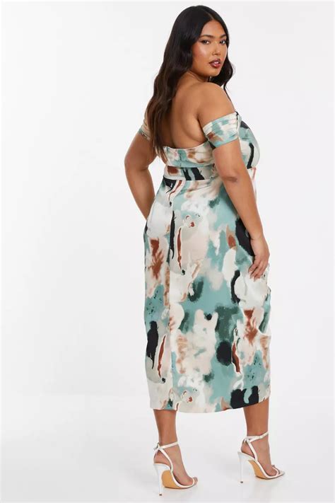 Curve Sage Marble Print Bardot Midi Dress Quiz Clothing