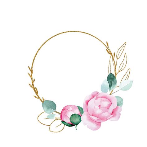 Round Gold Frame With Leaves And Pink Flowers Of Peony Roses On A