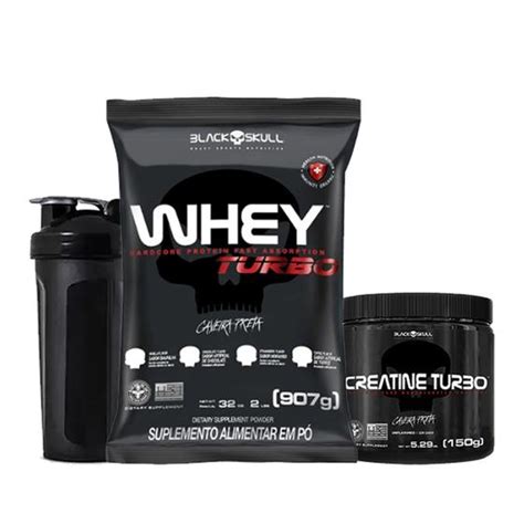 Kit Whey Protein Turbo Creatina Garrafa Black Skull Kit De