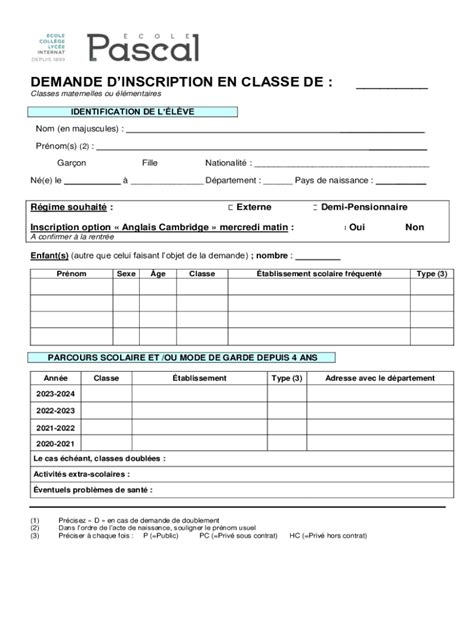 Remplissable En Ligne DEMANDE DINSCRIPTION EN CLASSE DE Faxer Email