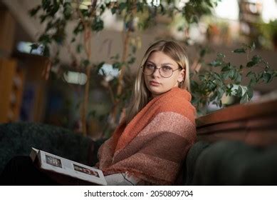 Beautiful Smart Blonde Nerd Girl Library Stock Photo 2050809704