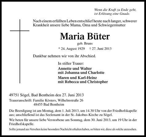 Traueranzeigen von Maria Büter noz Trauerportal