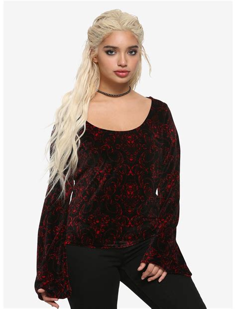 Red And Black Velvet Bell Sleeve Girls Crop Top Hot Topic