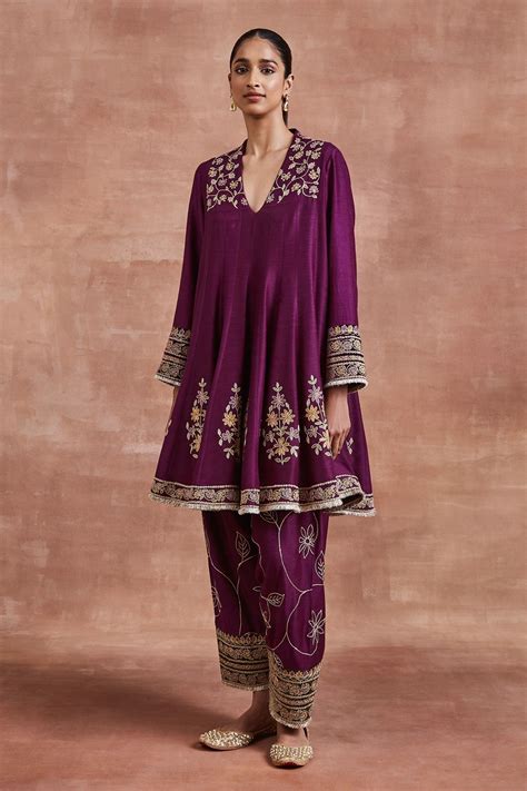 Buy Purple Handwoven Moonga Tussar Embroidery Thread V Neck Aarya Dori