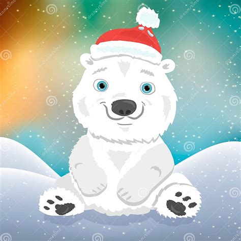 Cute Cartoon Polar Bear Cub In Christmas Hat Stock Vector