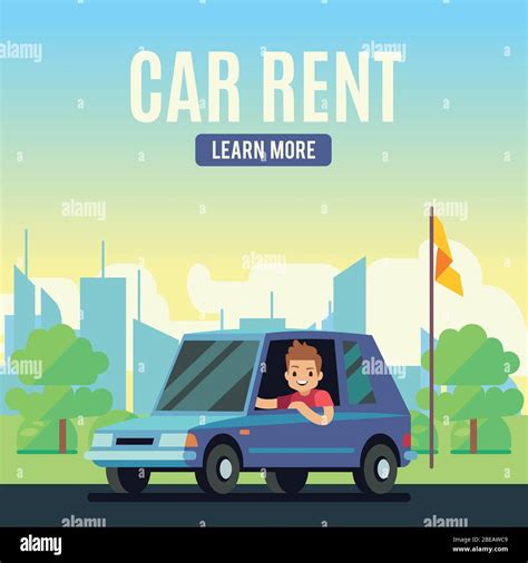 Car Rental Poster Concept Cartoon Style Vector Young Man On Blue Car