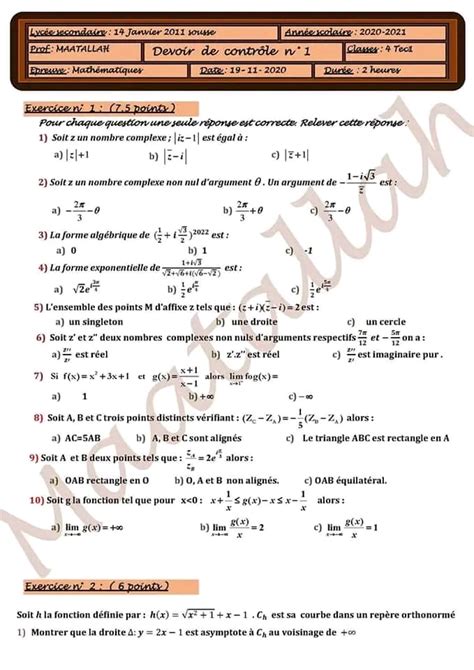 1ère année secondaire Math devoir de contrôle n1 4Tech Correction