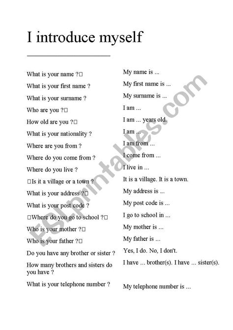 Introduce Myself Esl Worksheet By Aurora870323 English Lessons