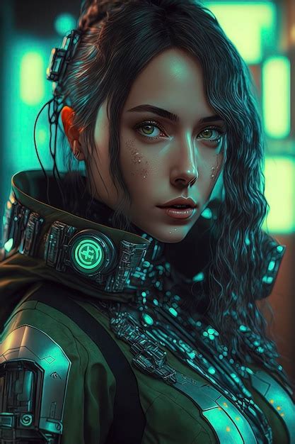 Une Scène Cyberpunk Futuriste Avec Une Jolie Fille Et Des éléments Holographiques Verts