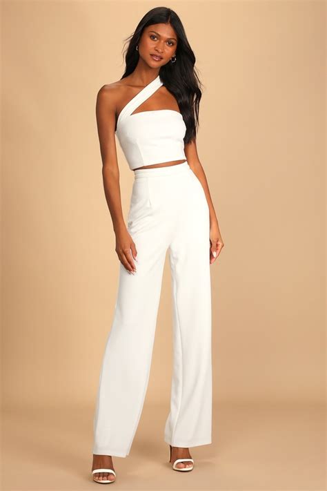 White Two Piece Jumpsuit One Shoulder Jumpsuit Crepe Jumpsuit Lulus