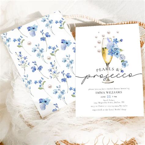 Dusty Blue Floral Pearls Prosecco Bridal Shower Invitation Zazzle