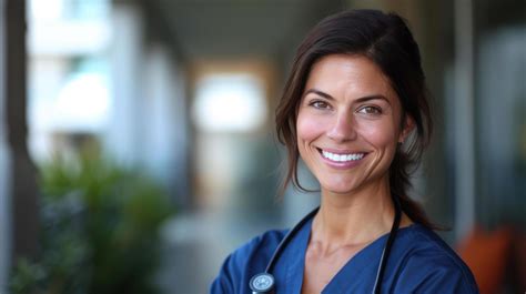 Ai Generated A Compassionate Nurse In Scrubs Smiles Warmly