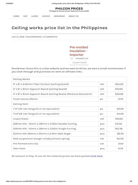 Ceiling Works Price List In The Philippines Philcon Prices Pdf