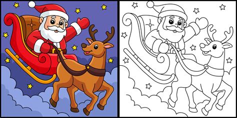 Christmas Santa Sleigh And Reindeer Coloring Page 10789372 Vector Art ...